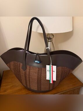 Cheval Firenze Miranda Max Raffia Leather Tote Made in Italy NWT